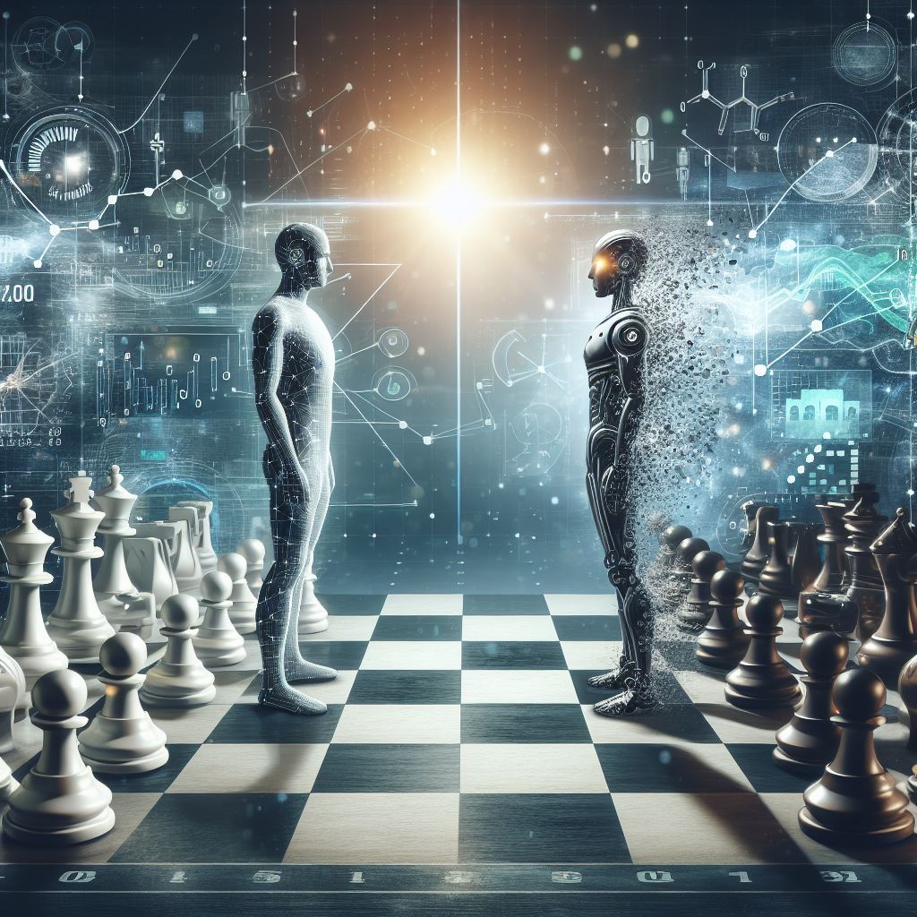 A chessboard with chess pieces with a human data facing off against a robot representing AI-powered analytics tools